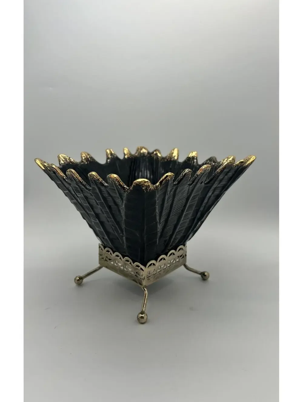 Vintage Black and Gold MCM pottery vase in Gold Stand
